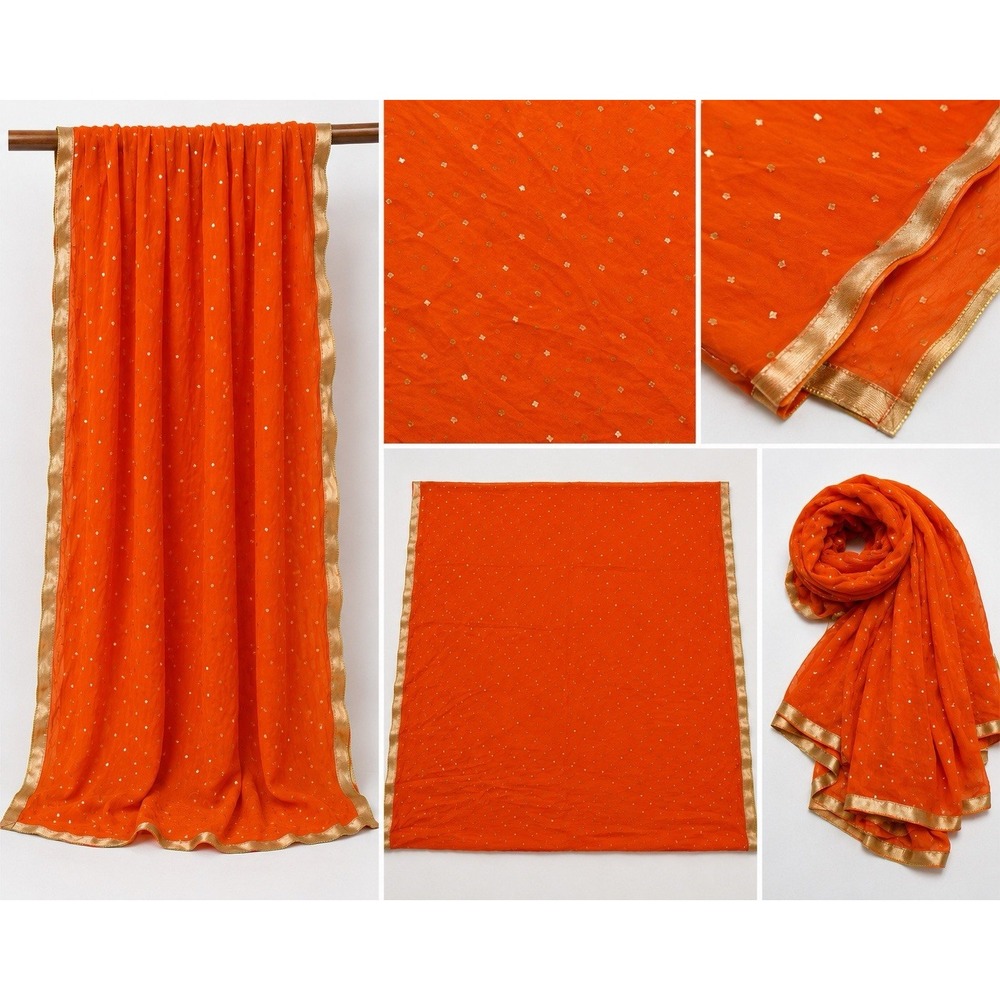 NEW Women's Indian Pakistani Dupatta Scarf Orange Gold Embellished 80" x 35" A8
